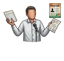 Illustration of a candidate holding a microphone and campaign documents