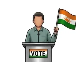 Illustration of a candidate at a podium holding a flag