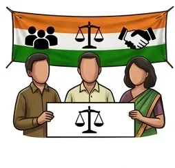 Illustration of party workers holding a placard beneath a banner with symbols of people, justice and partnership
