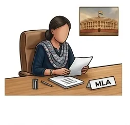 Illustration of an MLA reading documents at an office desk with an MLA nameplate