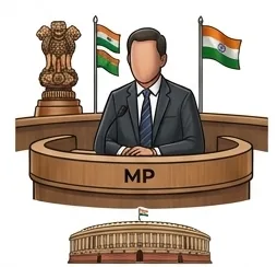 Illustration of an MP seated in a parliamentary chamber with national flags and the Parliament building